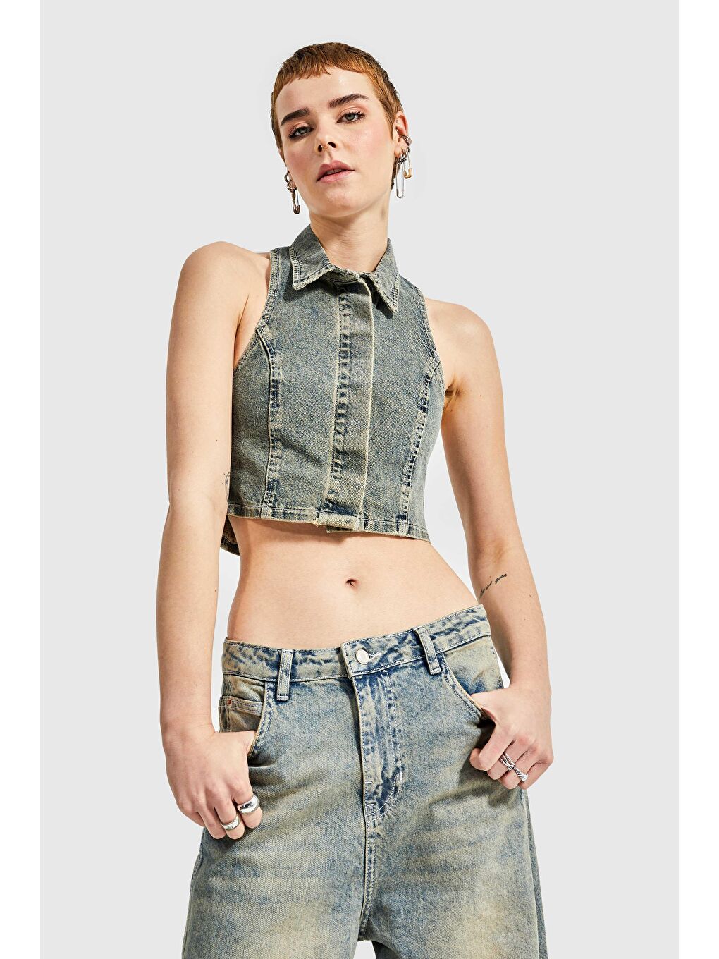 it's basic Yeşil Kadın  Tint Rengi Önden Düğmeli Crop Denim Yelek