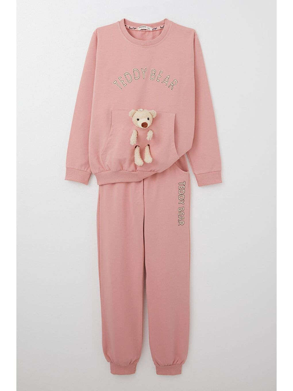 Pembe Kız Çocuk Eşofman Takım Ayıcık Aksesuarlı Yazı Nakışlı Gülkurusu (5-9 Yaş)