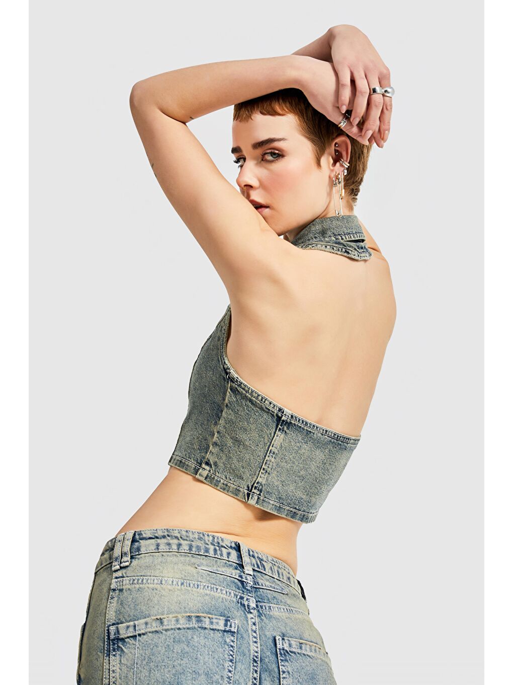 it's basic Yeşil Kadın  Tint Rengi Önden Düğmeli Crop Denim Yelek - 1