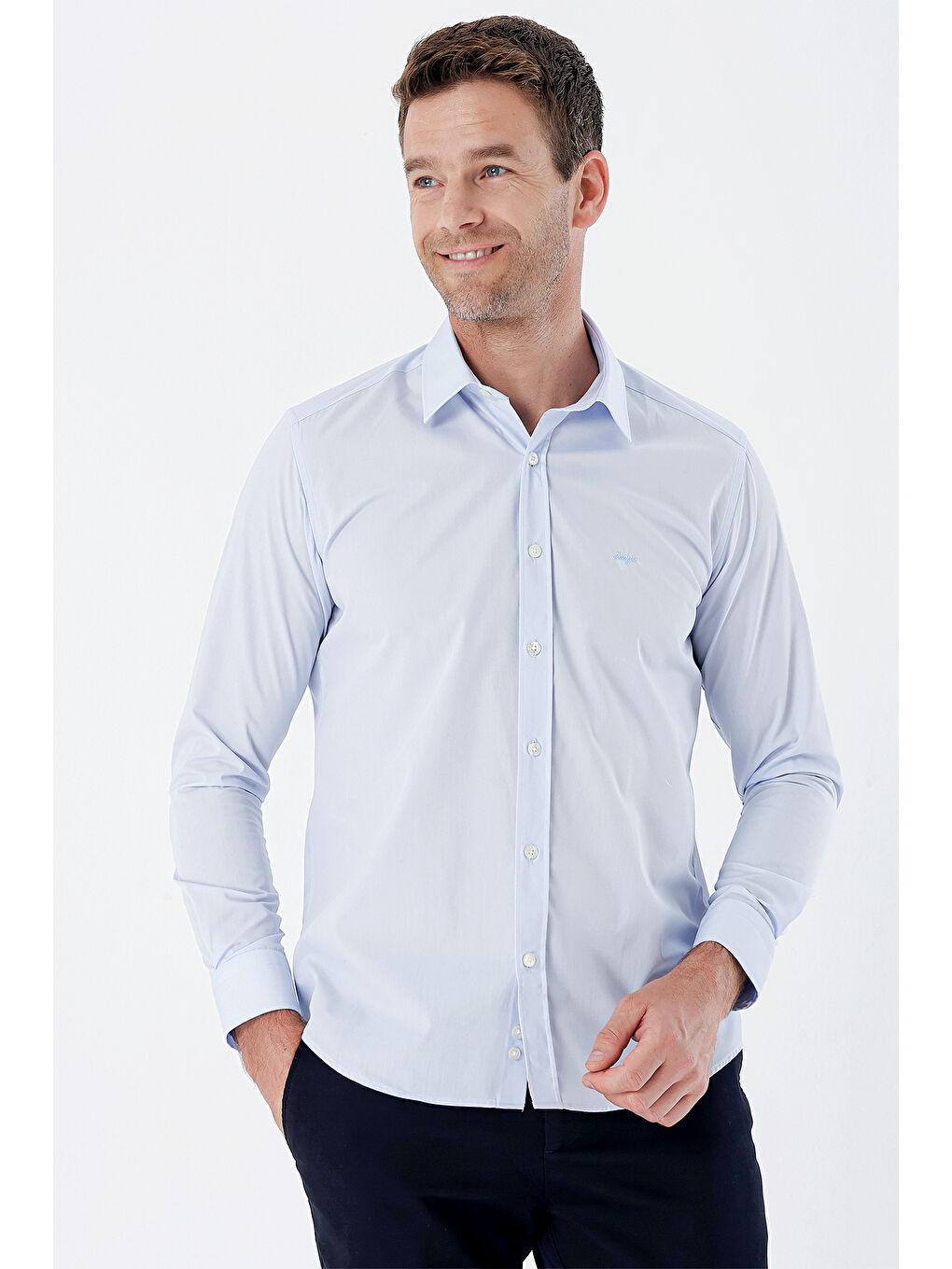 Koyu Mavi Uzun Kollu Bez Ayağı Sert Yaka Cepsiz Pamuklu Basic Slim Fit Dar Kesim Gömlek 1004235357-1