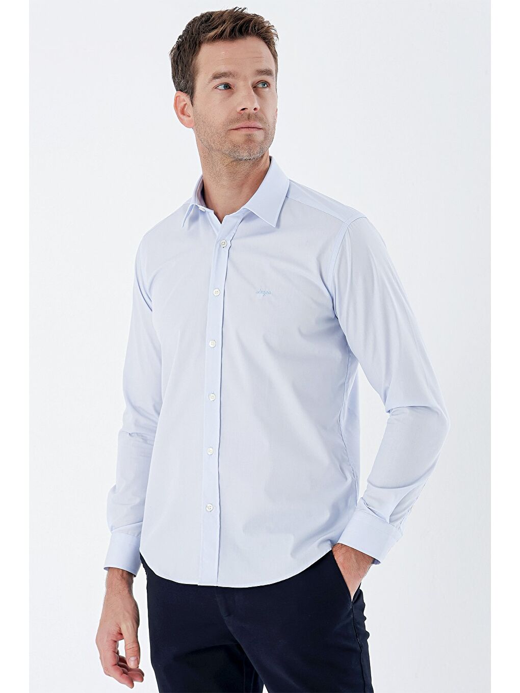 Koyu Mavi Uzun Kollu Bez Ayağı Sert Yaka Cepsiz Pamuklu Basic Slim Fit Dar Kesim Gömlek 1004235357-2