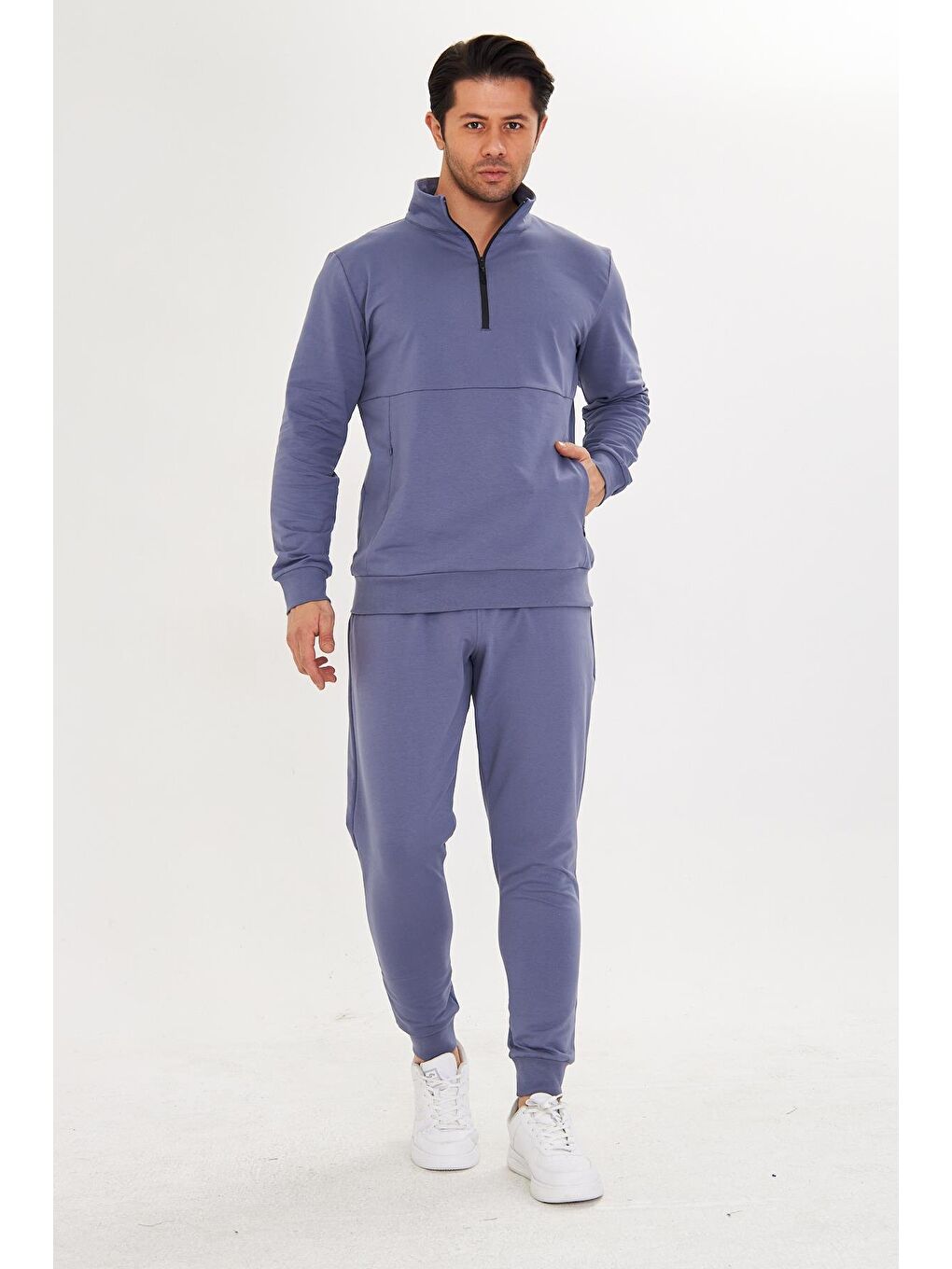 Yarım Fermuarlı Pamuklu Erkek Eşofman Takımı Gri Melanj 5709-G