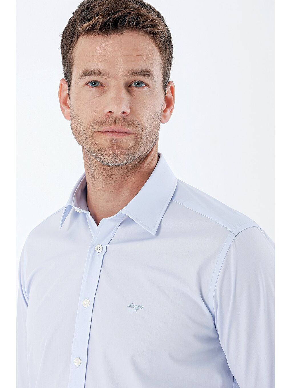 Koyu Mavi Uzun Kollu Bez Ayağı Sert Yaka Cepsiz Pamuklu Basic Slim Fit Dar Kesim Gömlek 1004235357-4