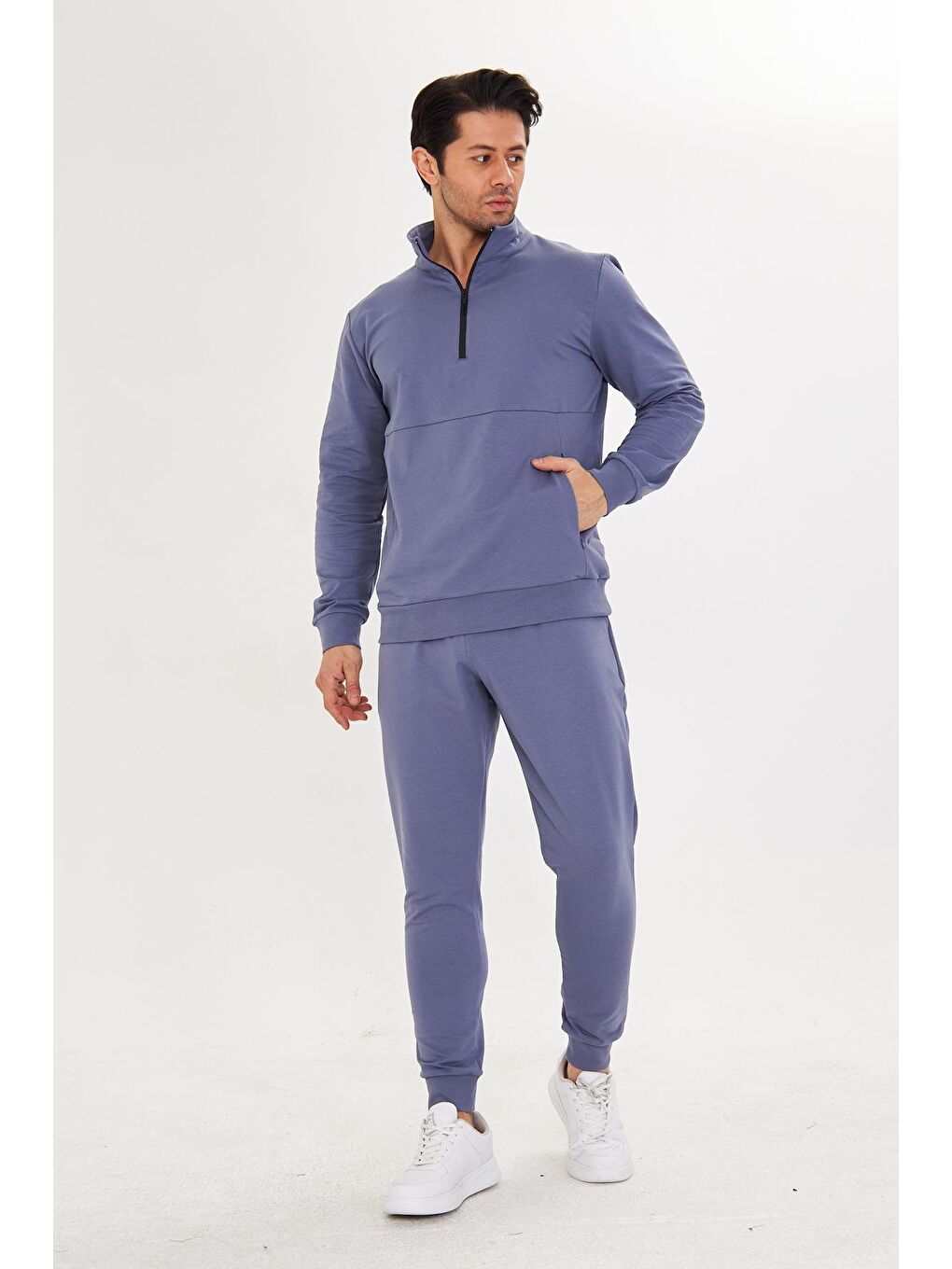 Yarım Fermuarlı Pamuklu Erkek Eşofman Takımı Gri Melanj 5709-G-1