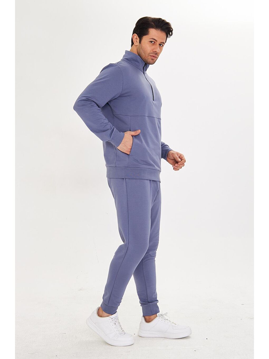 Yarım Fermuarlı Pamuklu Erkek Eşofman Takımı Gri Melanj 5709-G-2