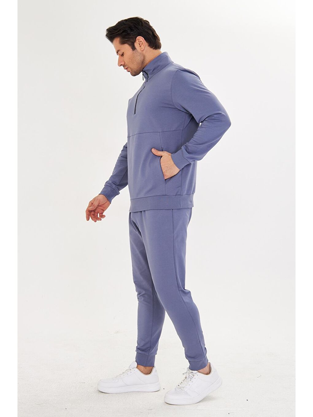 Yarım Fermuarlı Pamuklu Erkek Eşofman Takımı Gri Melanj 5709-G-3