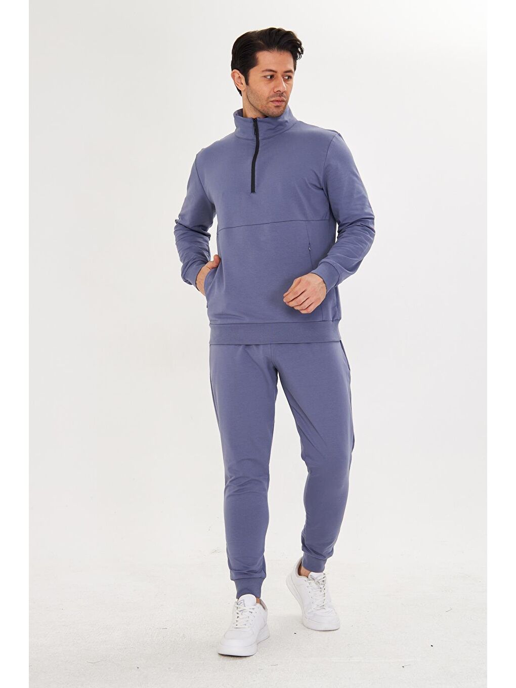 Yarım Fermuarlı Pamuklu Erkek Eşofman Takımı Gri Melanj 5709-G-4