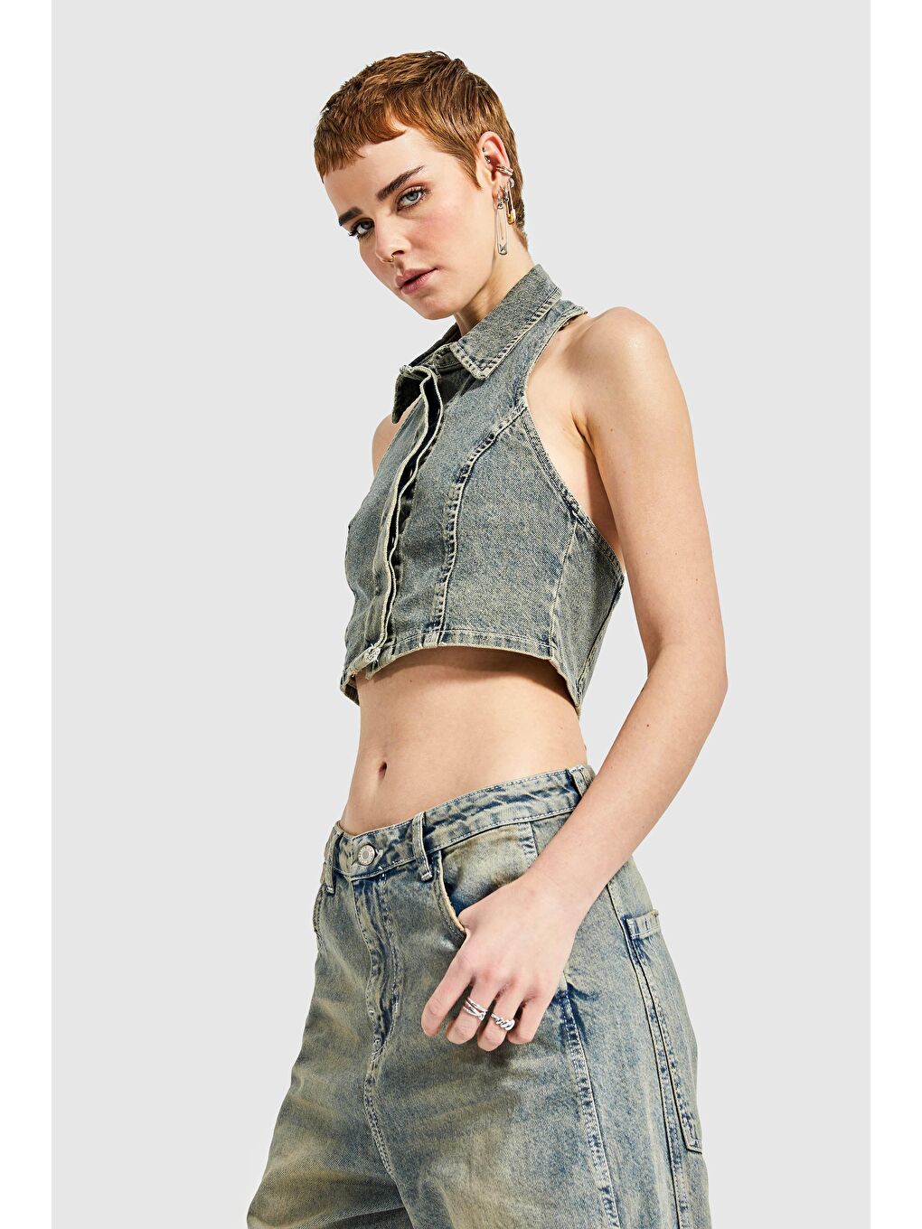 it's basic Yeşil Kadın  Tint Rengi Önden Düğmeli Crop Denim Yelek - 2