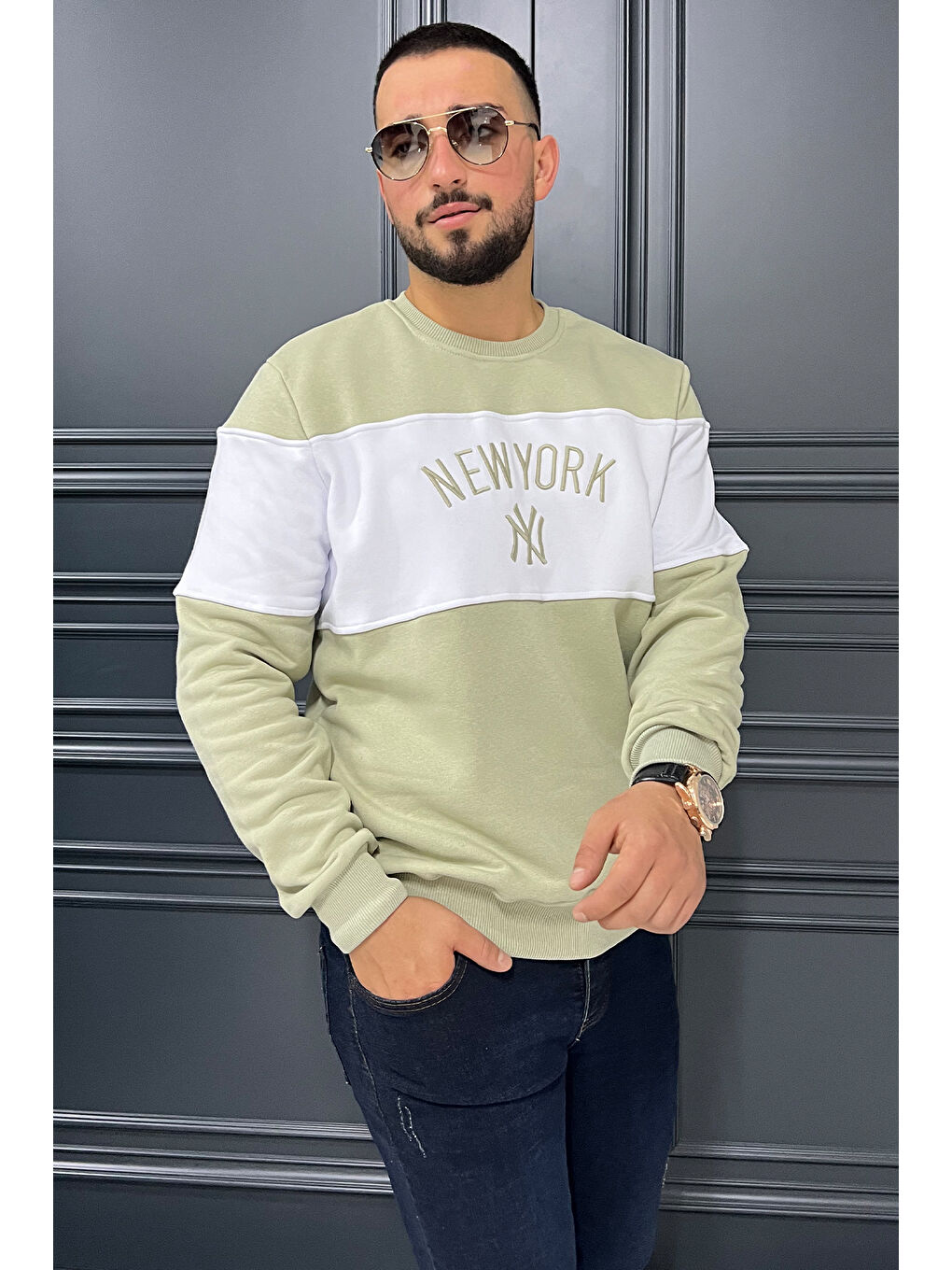 Mishar İtalia Haki Üç İplik Şardonlu Nakışlı Erkek Sweatshirt - 1