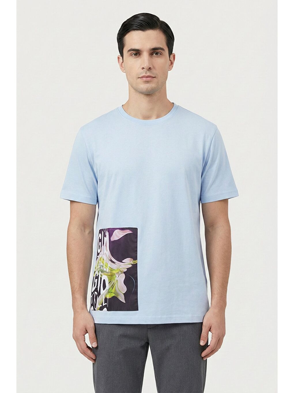 Giotelli Açık Mavi Oversize Fit %100 Pamuk Baskılı Bisiklet Yaka Erkek Tişört