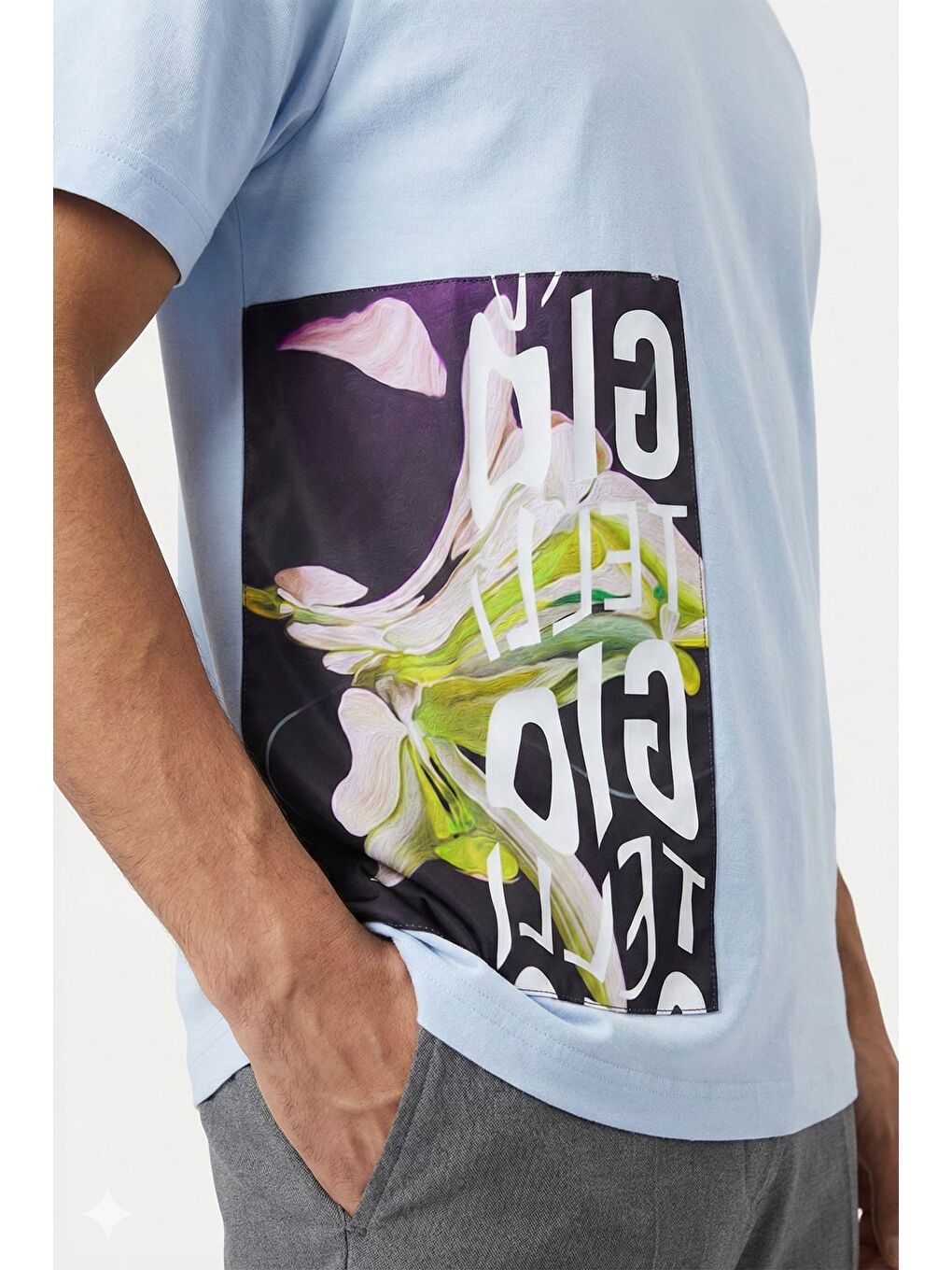 Giotelli Açık Mavi Oversize Fit %100 Pamuk Baskılı Bisiklet Yaka Erkek Tişört-2