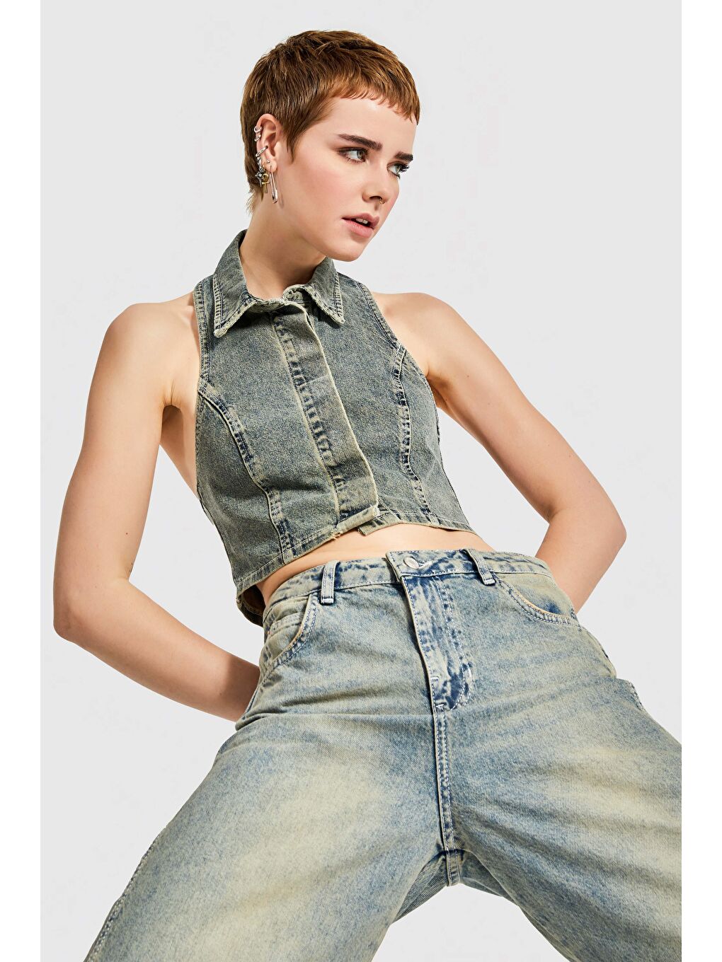 it's basic Yeşil Kadın  Tint Rengi Önden Düğmeli Crop Denim Yelek - 3