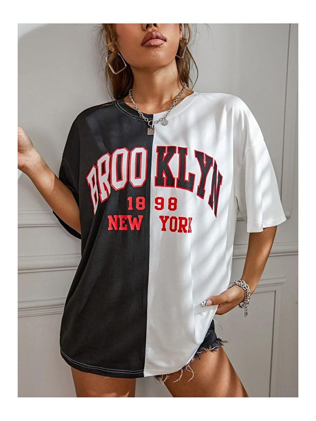 uyguntarz Siyah Brooklyn Çift Renk Baskılı Tasarım Tshirt