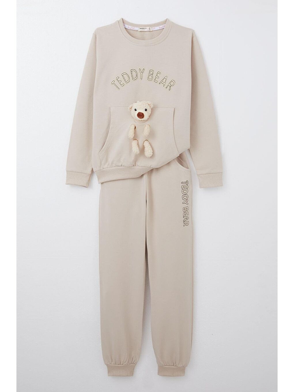 Kız Çocuk Eşofman Takım Ayıcık Aksesuarlı Yazı Nakışlı Bej (5-9 Yaş)