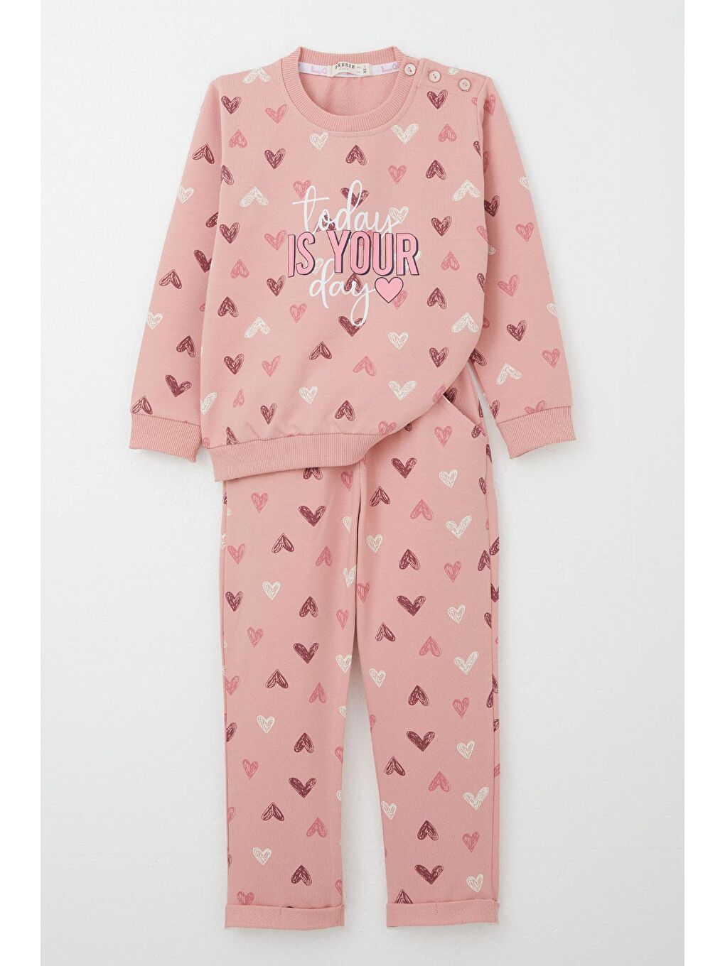 Pembe Kız Bebek Eşofman Takım Kalp Desenli Yazı Baskılı Gülkurusu (1-4 Yaş)