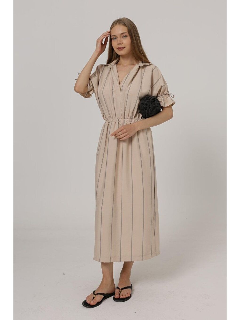 Sarı Beli Lastikli Elbise - Taş