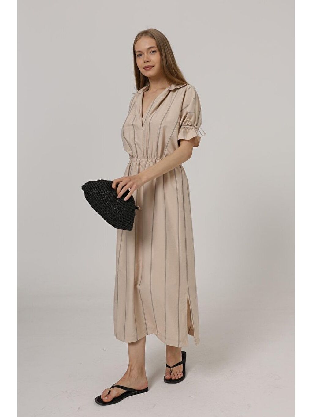 Sarı Beli Lastikli Elbise - Taş-1