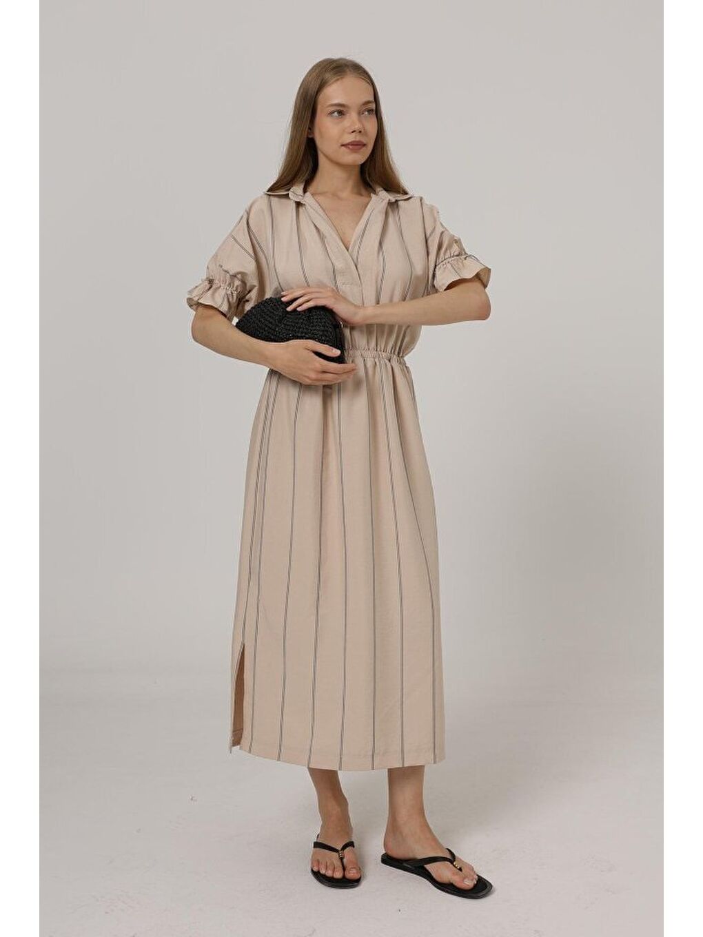 Sarı Beli Lastikli Elbise - Taş-2