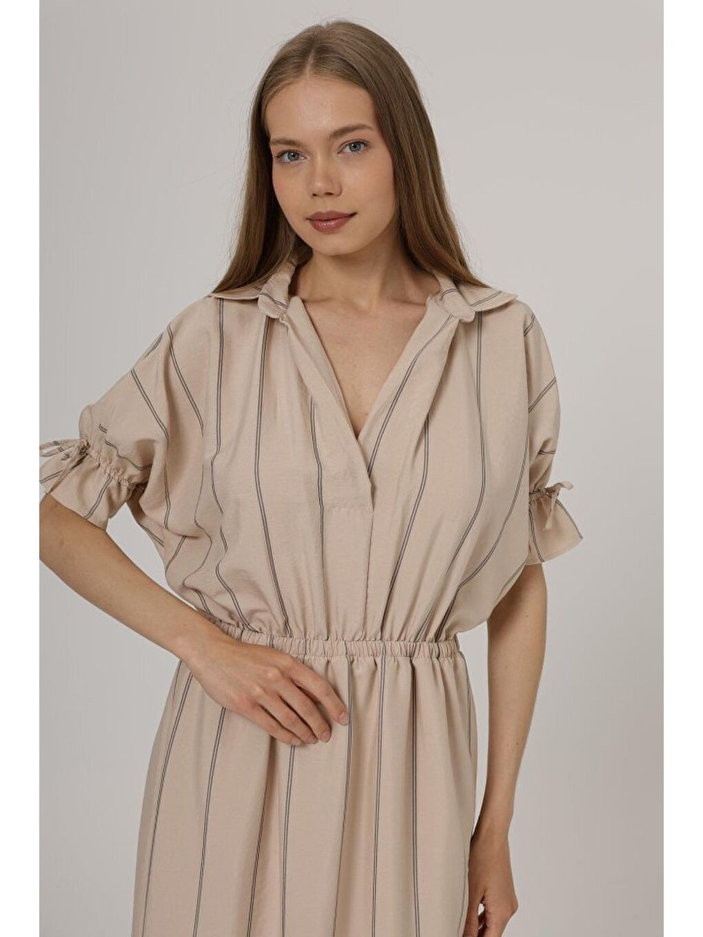 Sarı Beli Lastikli Elbise - Taş-3