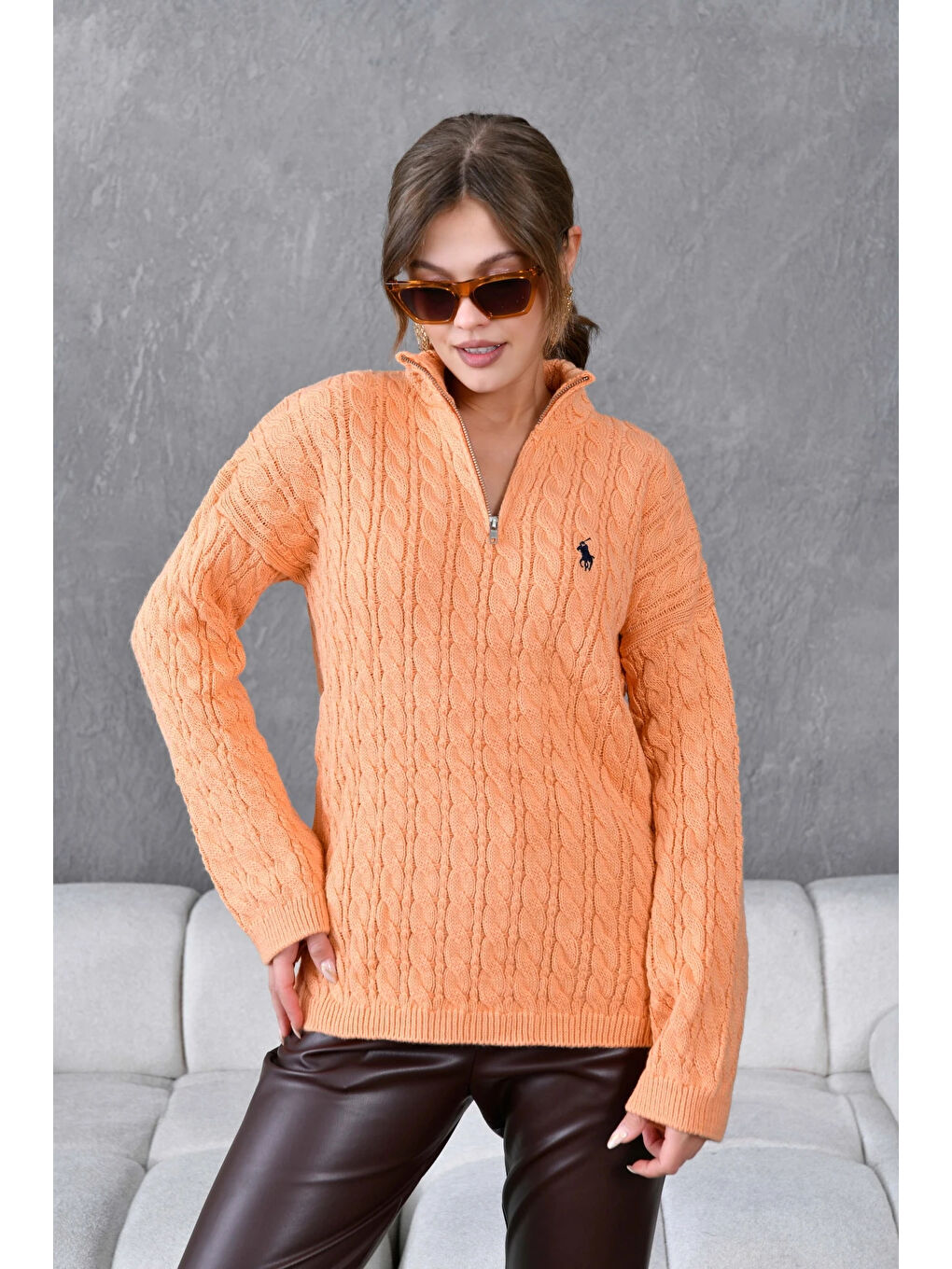 Turuncu Kadın Dik Yaka Fermuar Detay Saç Örgü Triko Kazak-1