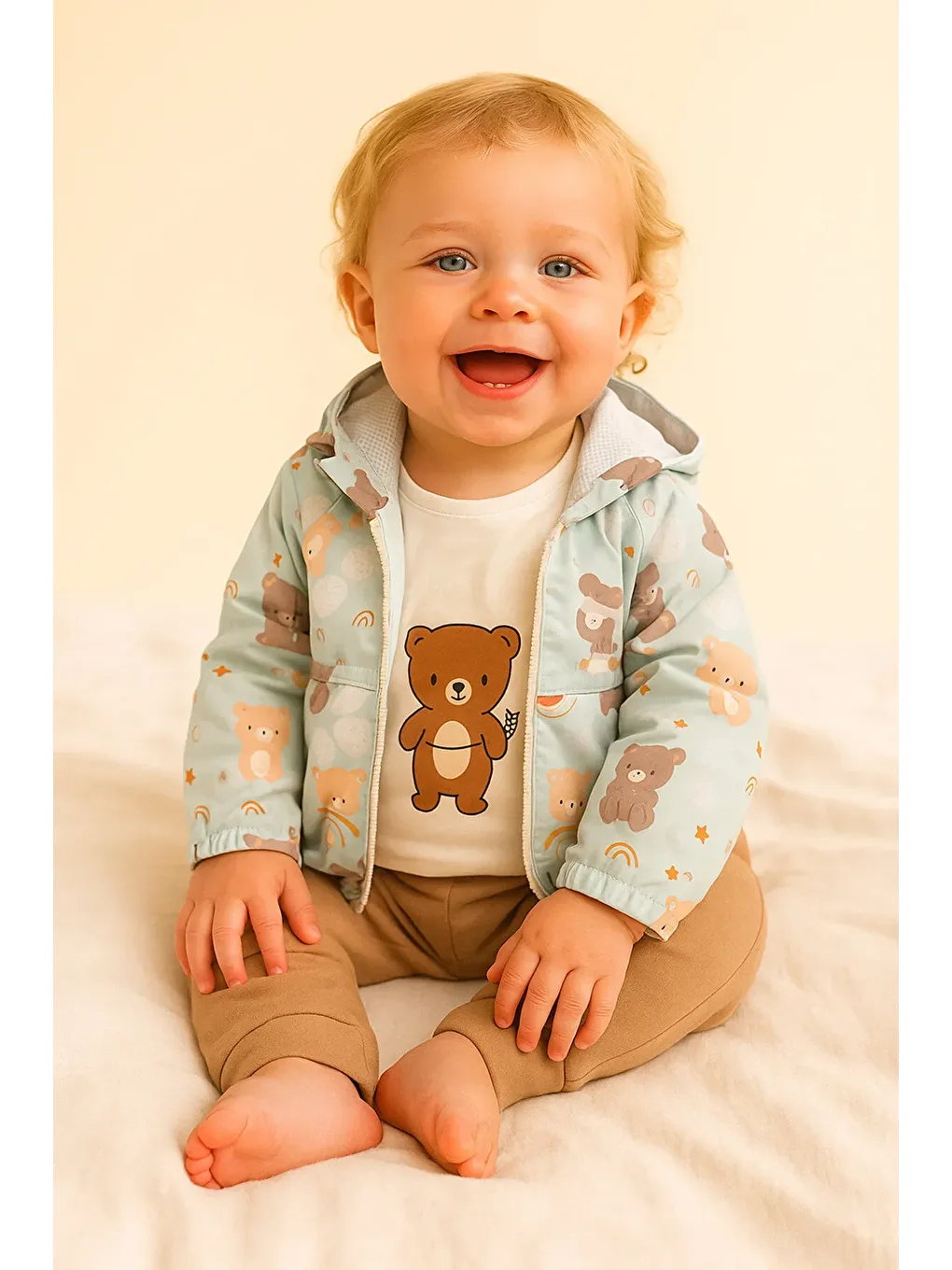 Yeşil Unisex Ayıcık Desenli Astarlı 3 Parça Yağmurluk Bebek Takımı