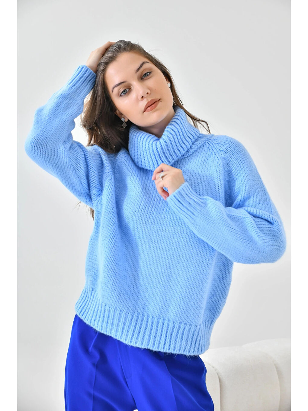 Mavi Kadın Balıkçı Yaka Kaşkorse Triko Kazak-2