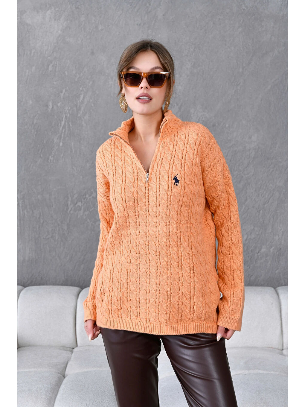 Turuncu Kadın Dik Yaka Fermuar Detay Saç Örgü Triko Kazak-2