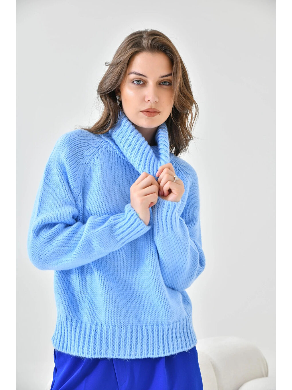 Mavi Kadın Balıkçı Yaka Kaşkorse Triko Kazak-3