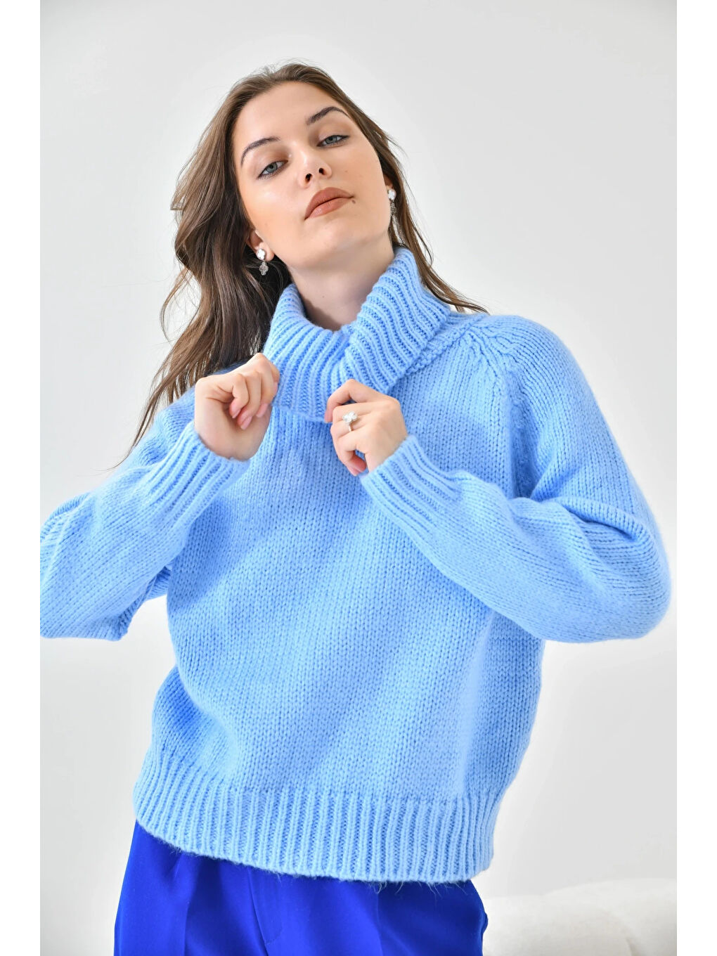 Mavi Kadın Balıkçı Yaka Kaşkorse Triko Kazak-4