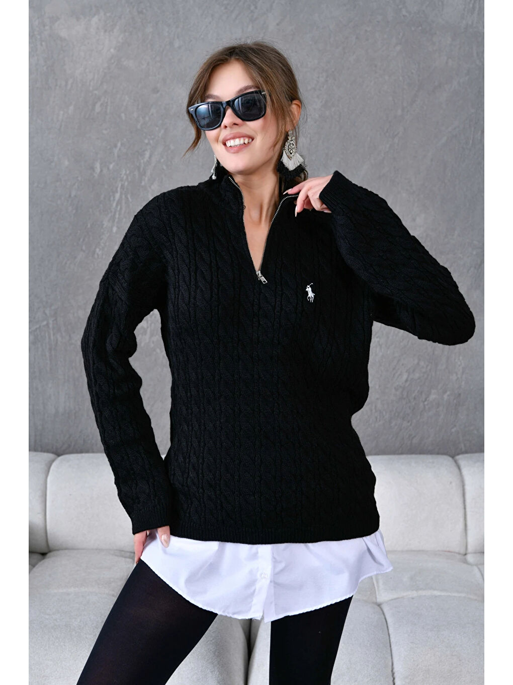 Siyah Kadın Dik Yaka Fermuar Detay Saç Örgü Triko Kazak-2