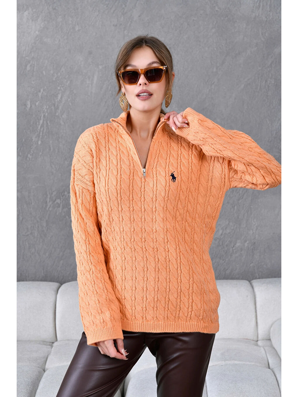 Turuncu Kadın Dik Yaka Fermuar Detay Saç Örgü Triko Kazak-3