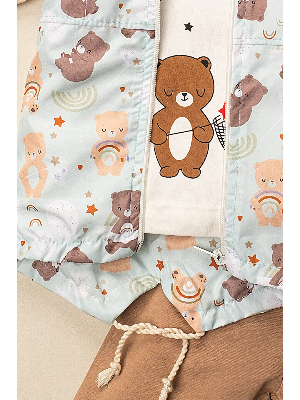 Yeşil Unisex Ayıcık Desenli Astarlı 3 Parça Yağmurluk Bebek Takımı-1