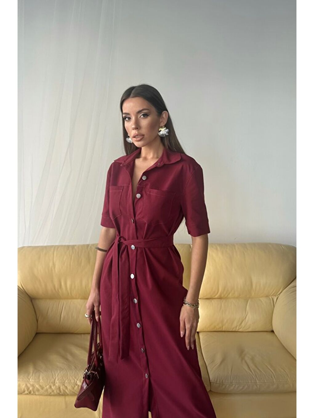 Lyocell ÖNDEN DÜĞMELİ KISA KOL ELBİSE - Bordo-3