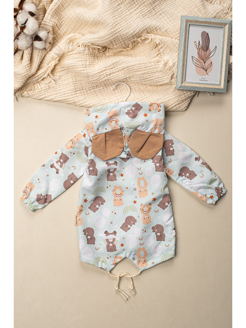 Yeşil Unisex Ayıcık Desenli Astarlı 3 Parça Yağmurluk Bebek Takımı-2