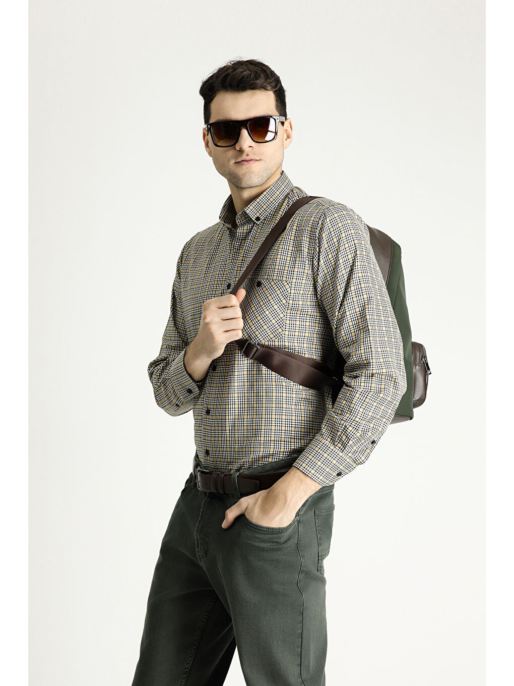 Bej Uzun Kol Regular Fit Oduncu Ekose Pamuklu Kolay Ütülenebilir Gömlek