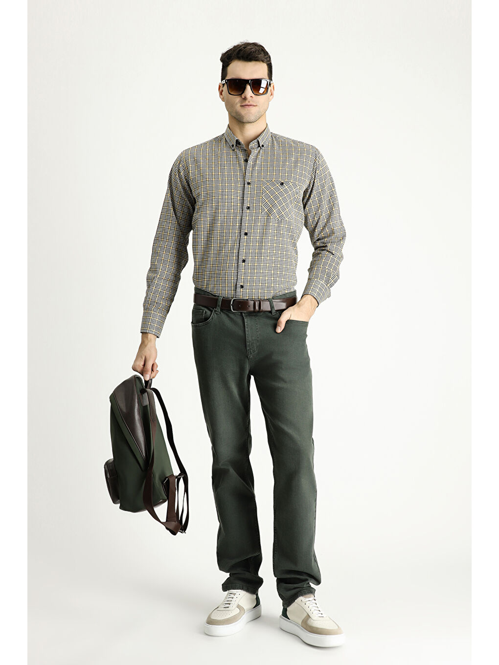 Bej Uzun Kol Regular Fit Oduncu Ekose Pamuklu Kolay Ütülenebilir Gömlek-1