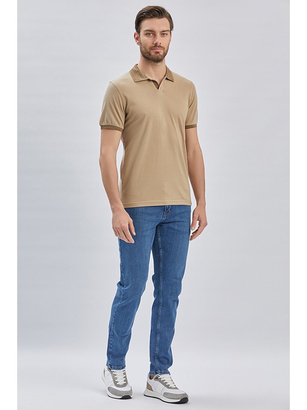 Bej Pike Polo Yaka %100 Pamuk Casual Slim Fit Dar Kesim Tişört 1011240155