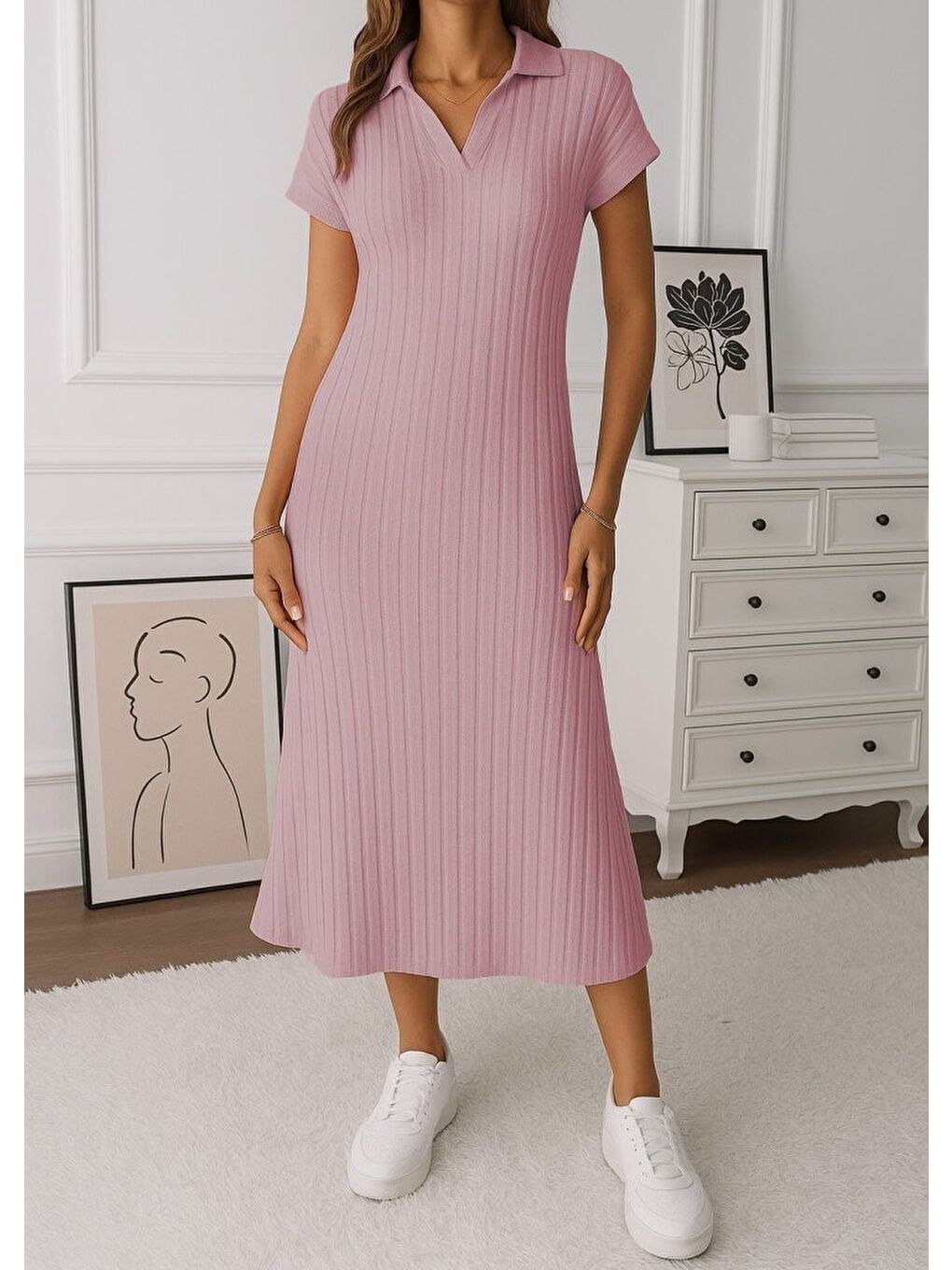 Pembe Kadın Kısa Kollu Yakalı Yandan Yırtmaçlı Kalın Fitilli Kaşkorse Elbise-1