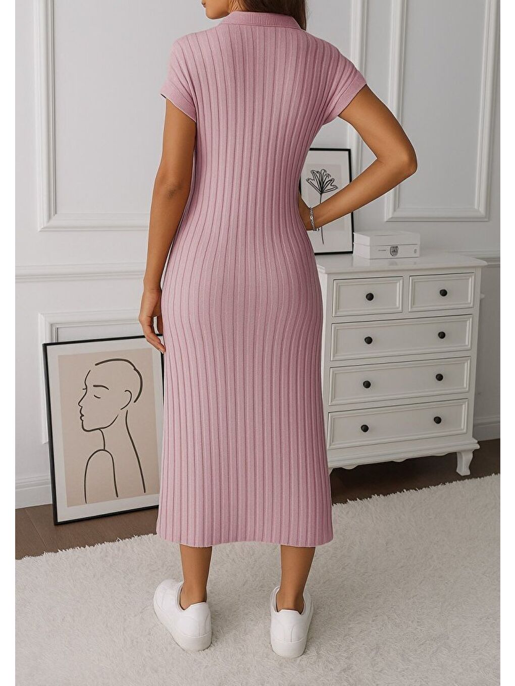 Pembe Kadın Kısa Kollu Yakalı Yandan Yırtmaçlı Kalın Fitilli Kaşkorse Elbise-2