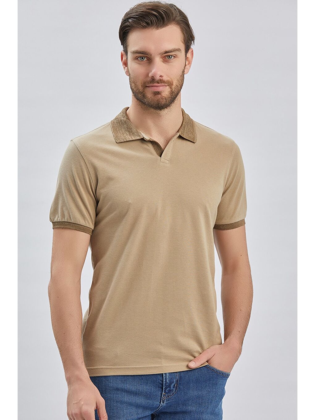 Bej Pike Polo Yaka %100 Pamuk Casual Slim Fit Dar Kesim Tişört 1011240155-1