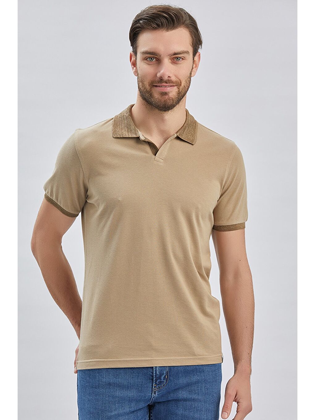 Bej Pike Polo Yaka %100 Pamuk Casual Slim Fit Dar Kesim Tişört 1011240155-2