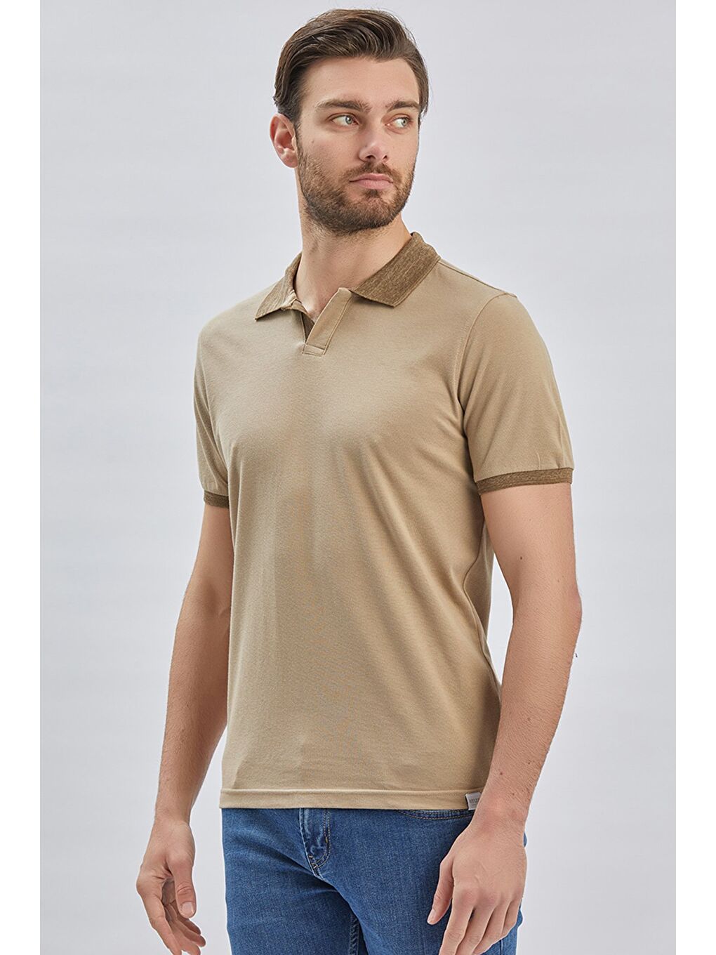 Bej Pike Polo Yaka %100 Pamuk Casual Slim Fit Dar Kesim Tişört 1011240155-3