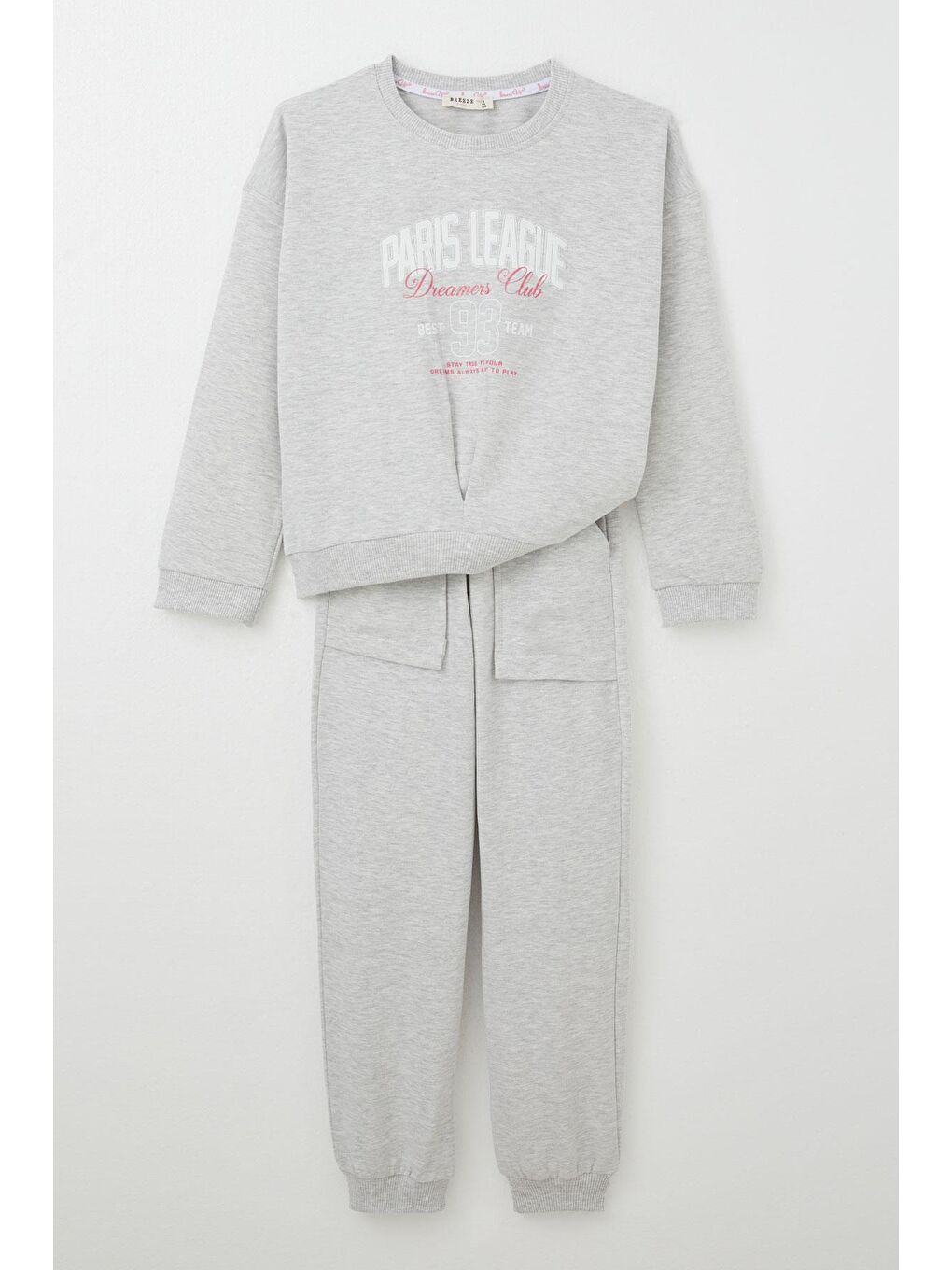 Kız Çocuk Eşofman Takım Lig Temalı Ön Kısmı V Dikişli Açık Gri Melanj (5-10 Yaş)