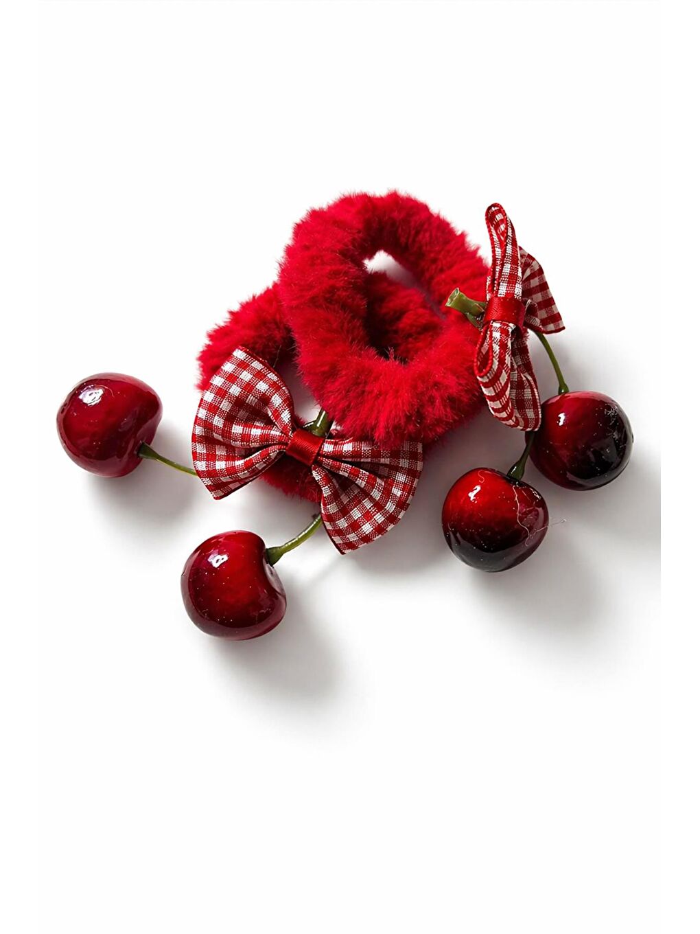 Kırmızı Cherry Red Lastik Toka – Ekose Fiyonk & Kiraz Detaylı (2’li Set)-2