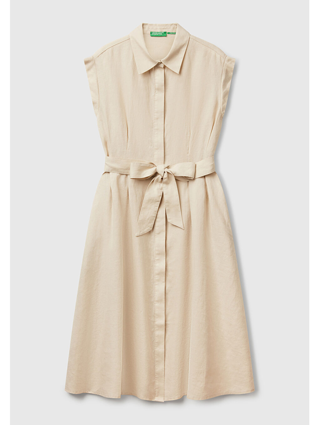 Bej Kadın Taş Rengi %100 Keten Pileli Çıkarılabilir Kuşaklı Gömlek Elbise-1