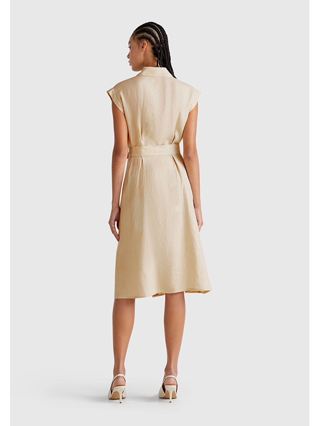 Bej Kadın Taş Rengi %100 Keten Pileli Çıkarılabilir Kuşaklı Gömlek Elbise-2