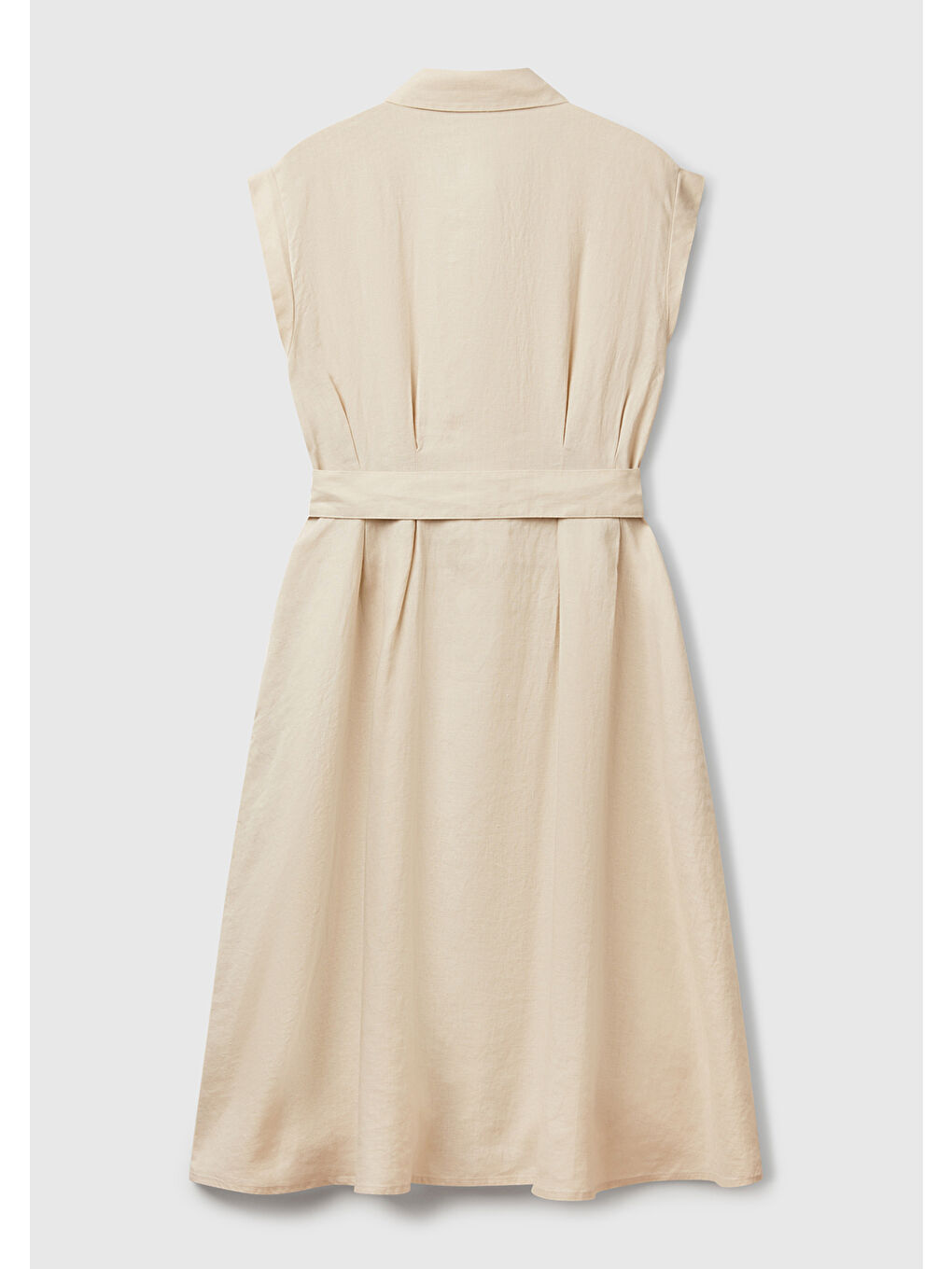 Bej Kadın Taş Rengi %100 Keten Pileli Çıkarılabilir Kuşaklı Gömlek Elbise-3