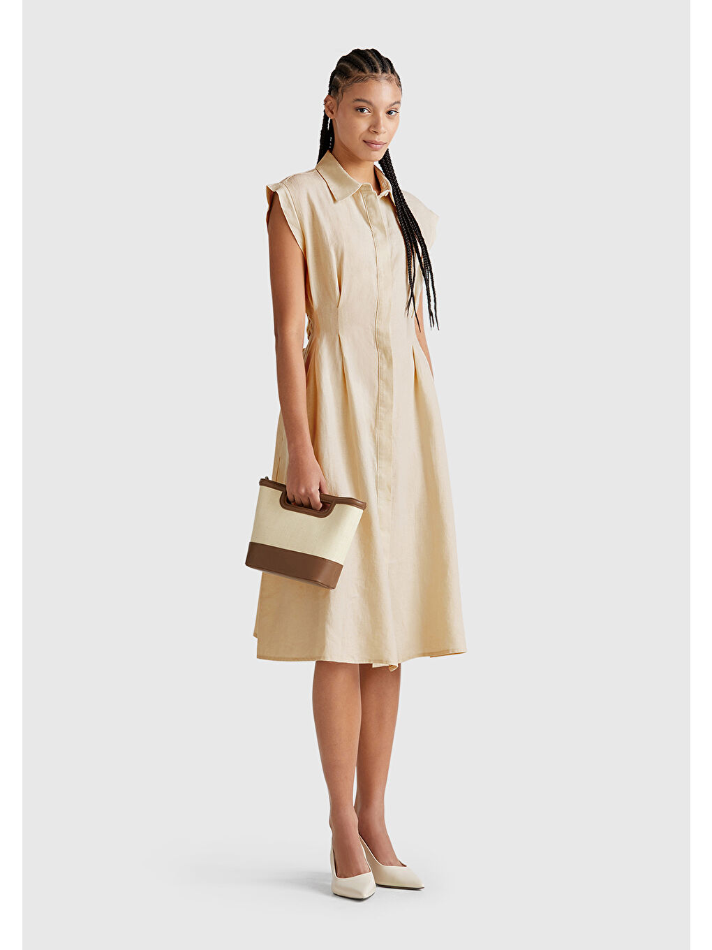 Bej Kadın Taş Rengi %100 Keten Pileli Çıkarılabilir Kuşaklı Gömlek Elbise-4