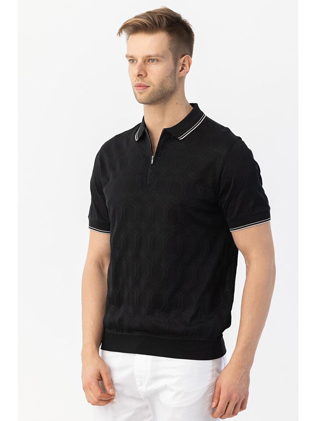 Giotelli Siyah Regular Fit %100 Pamuk Merserize Fermuarlı Polo Yaka Erkek Tişört-1