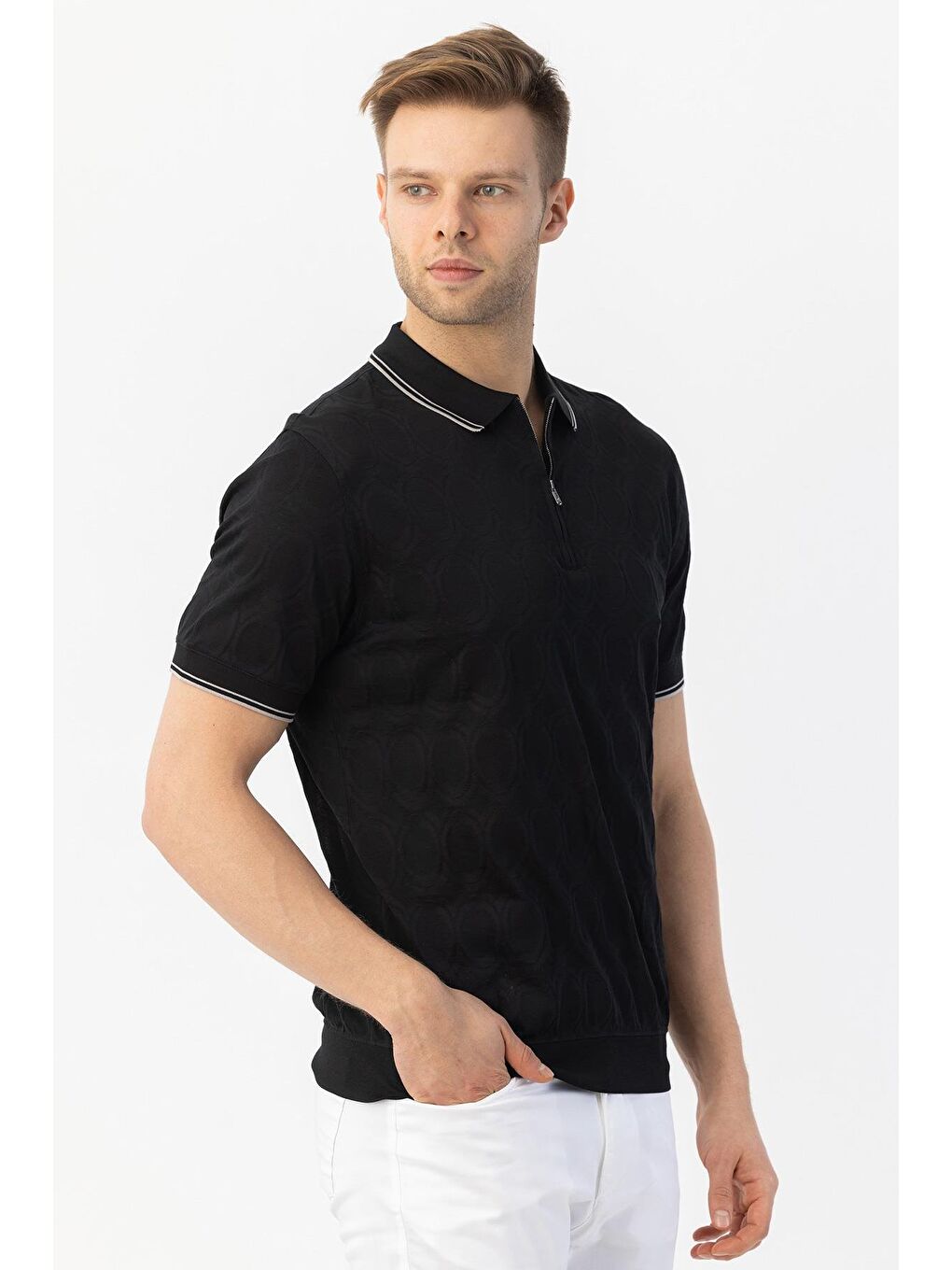 Giotelli Siyah Regular Fit %100 Pamuk Merserize Fermuarlı Polo Yaka Erkek Tişört-5